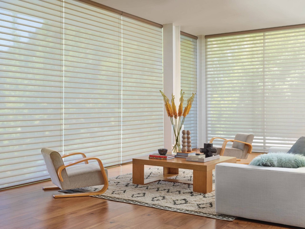 Contemporary home living room with low chairs and light gray shades on the windows near Naples, FL