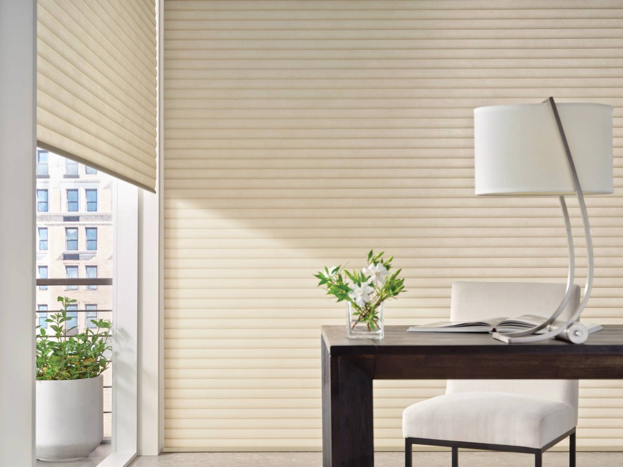 Home office decorated with white Hunter Douglas Sonette® Roller Shades near Naples, FL